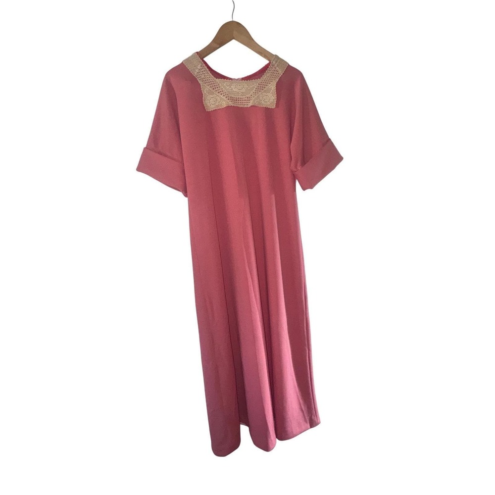 Vintage 1960s Mauve Pink Dress Crochet Collar Maxi Mod Priscilla Presley large
